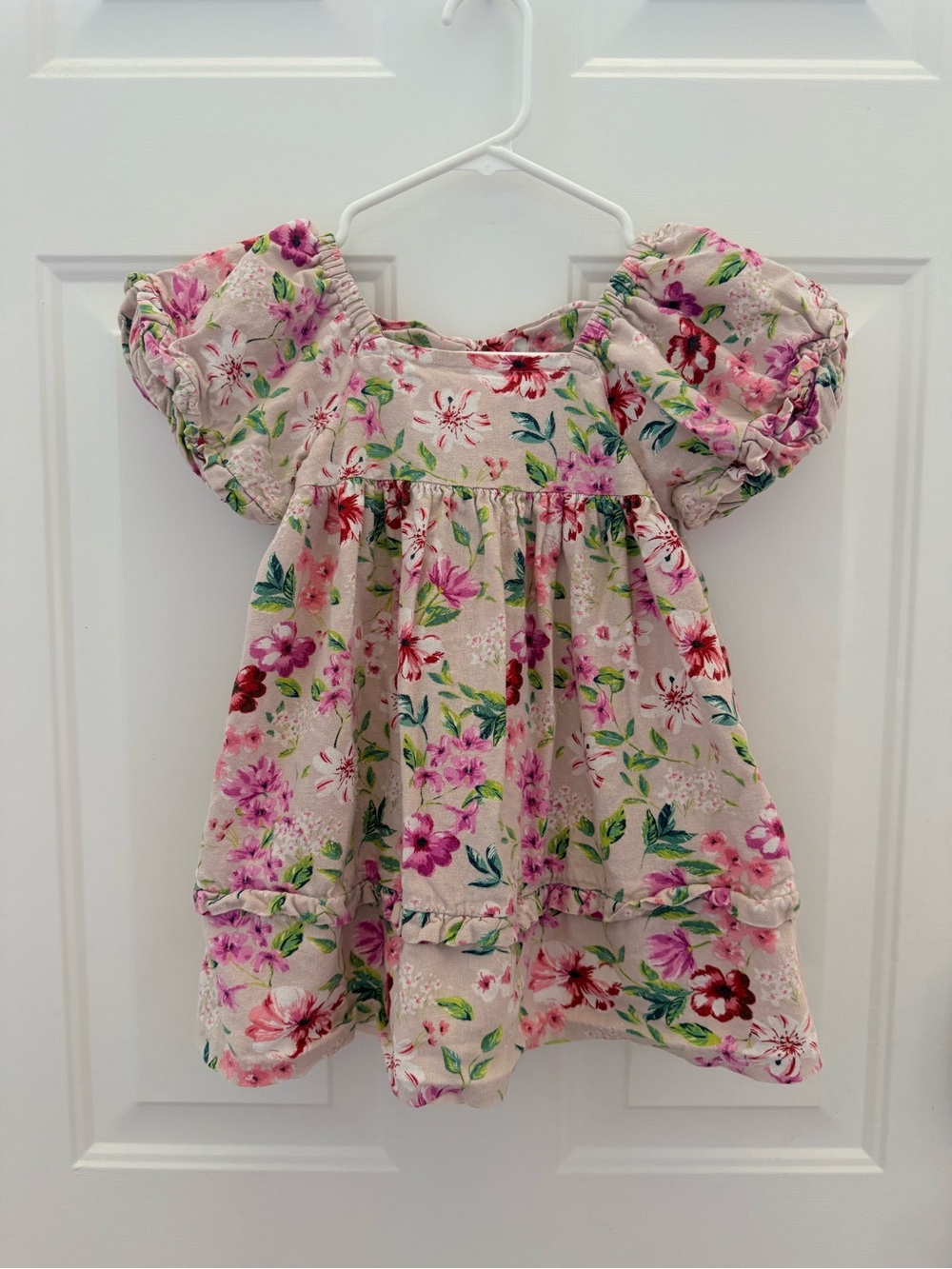 Bonnie Jean Floral Puff Sleeve Dress in Cream, Pink & Green